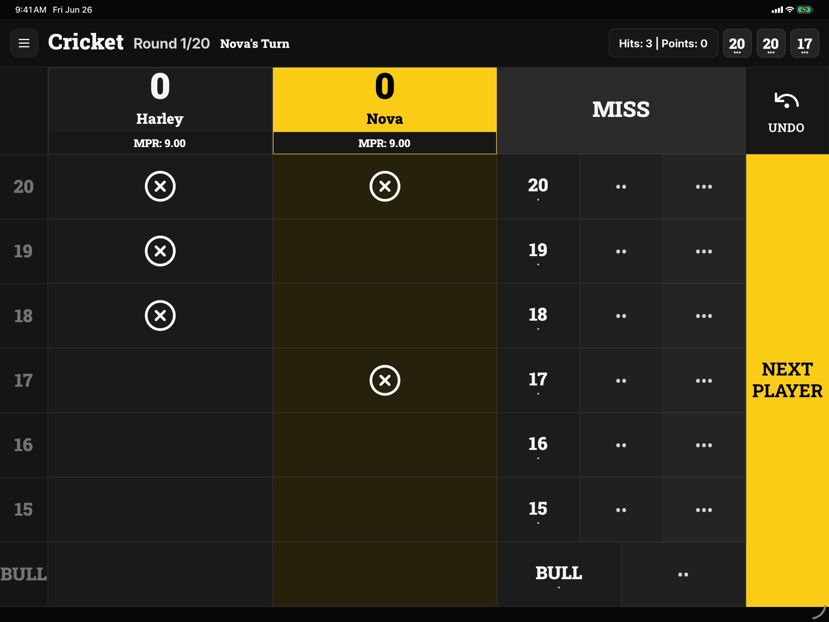 Cricket scoring screen in Scorefly