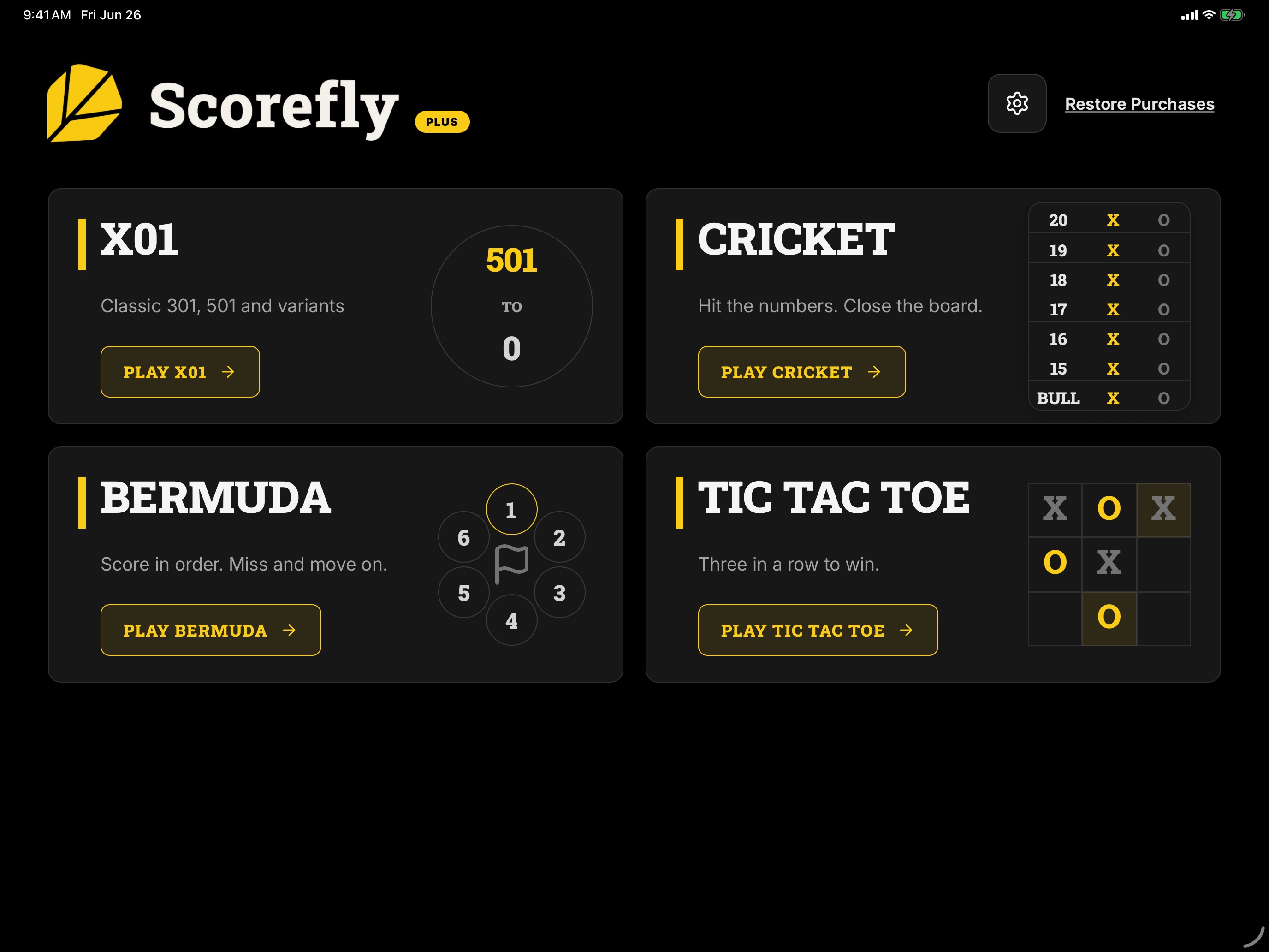 Scorefly iPad game selection screen