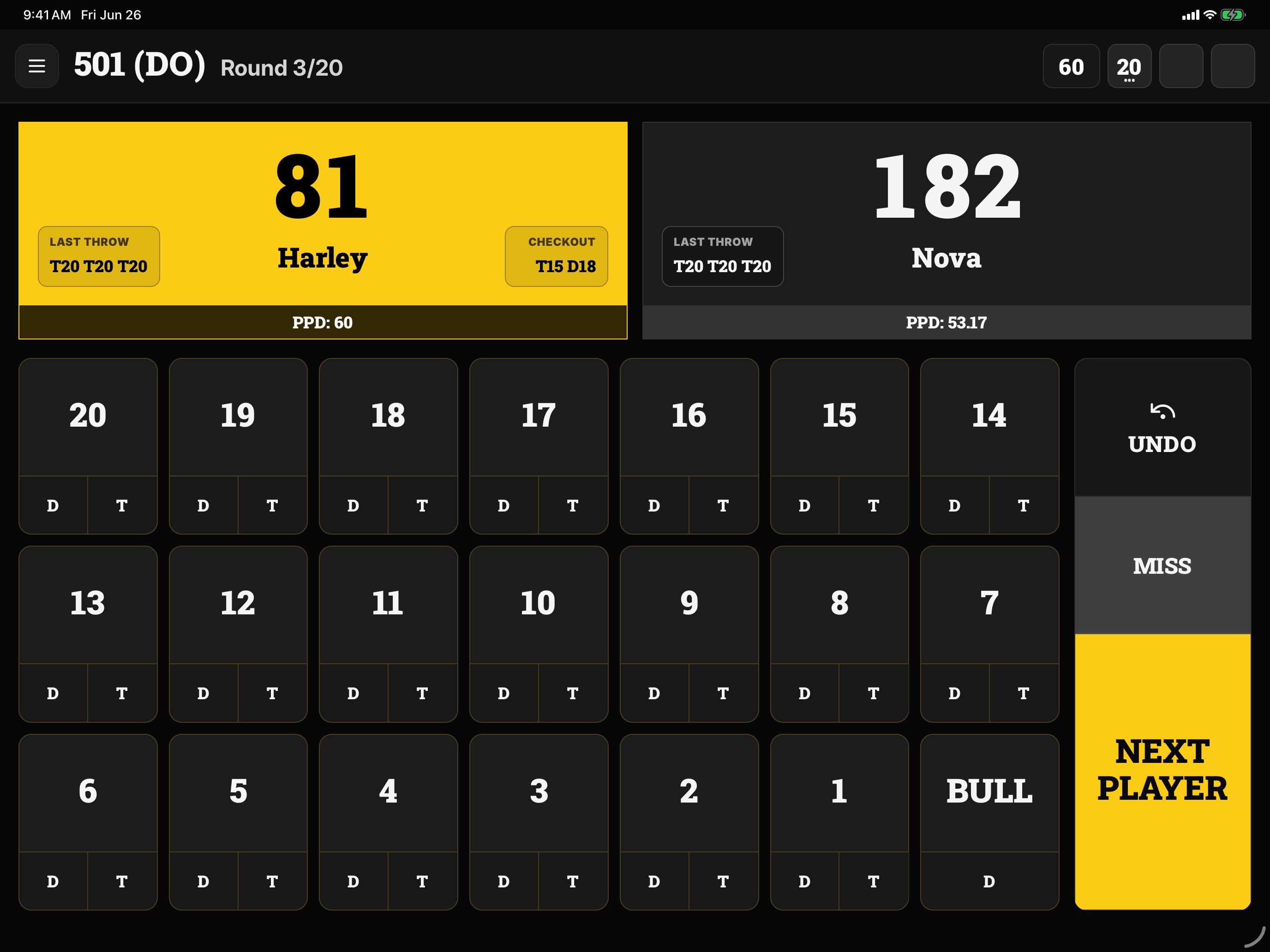 X01 scoring screen in Scorefly